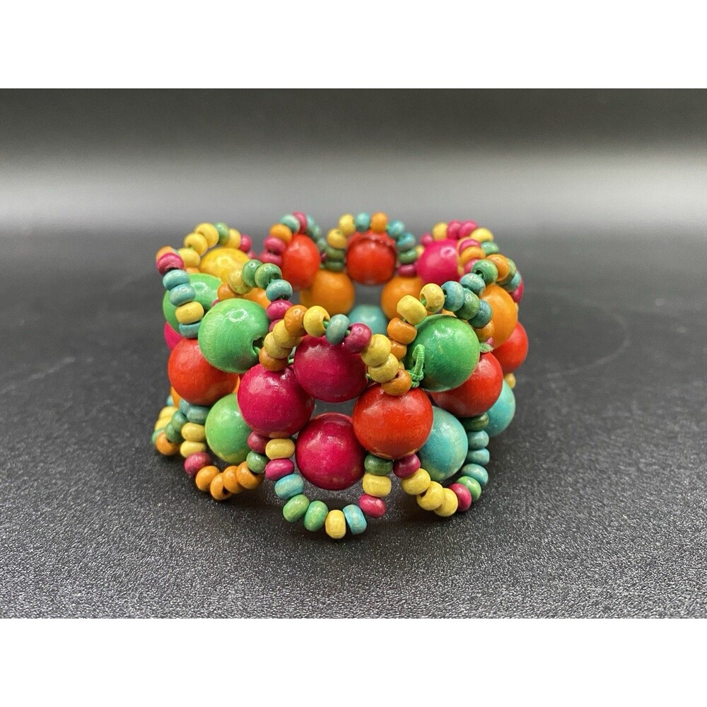 Bright Colorful Multicolor Wood Bead Stretch Bracelet - Picture 4 of 6